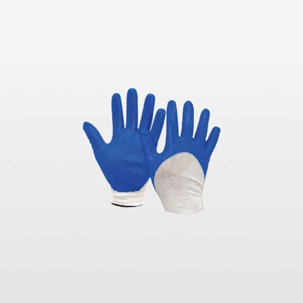 Guantes de poliéster blanco y PMA dorso nitrilo azul