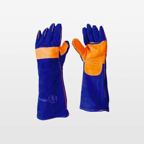 Guantes de soldador azul con kevlar con cuero anaranjado